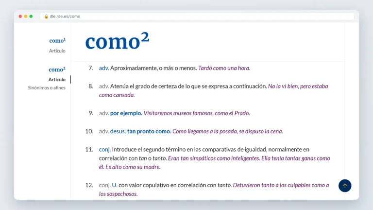 RAE dictionary entry for como, cómo, the reference page behind como Spanish to English meanings