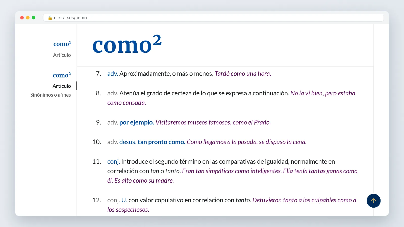 RAE dictionary entry for como, cómo, the reference page behind como Spanish to English meanings