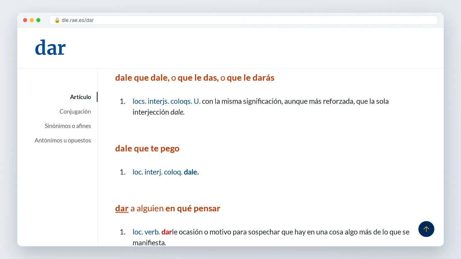 RAE dictionary web page for the verb dar showing the dale que dale expression