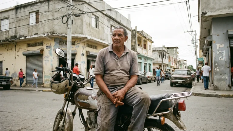 Motorcycle taxi driver waiting at a Dominican street corner