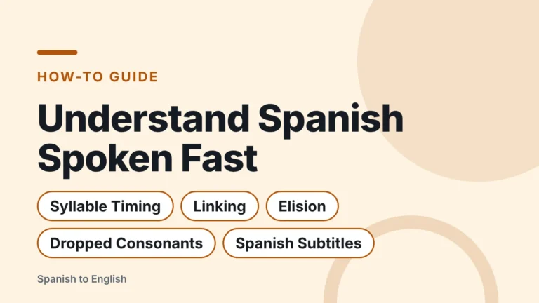 Title card: Understand Spanish Spoken Fast — Syllable Timing, Linking, Elision, Dropped Consonants, Spanish Subtitles