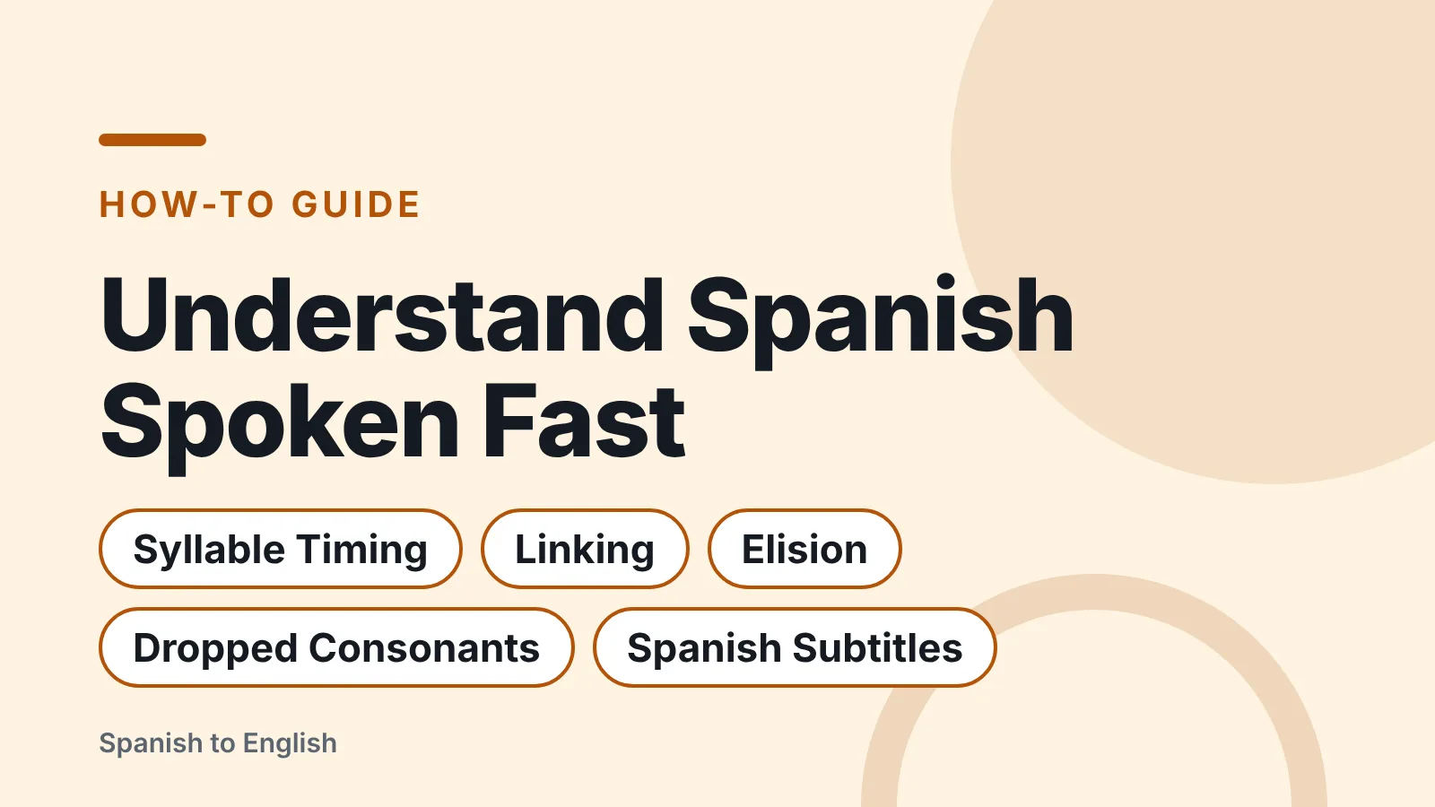 Title card: Understand Spanish Spoken Fast — Syllable Timing, Linking, Elision, Dropped Consonants, Spanish Subtitles