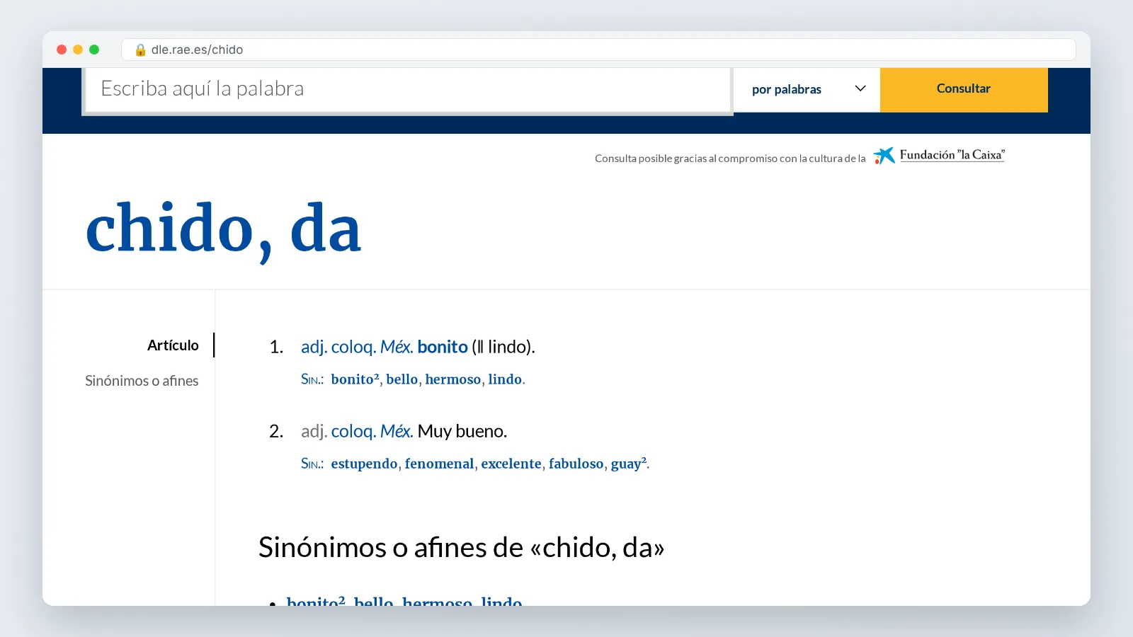 RAE online dictionary entry for the Mexican slang word chido with its colloquial and regional labels