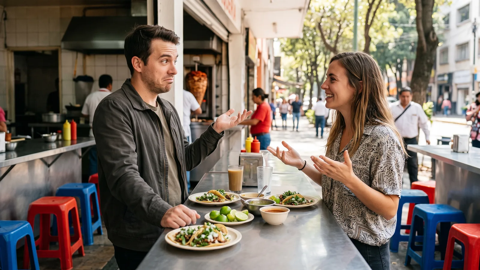 Man and woman talking and gesturing over plates of tacos at an outdoor street-food counter