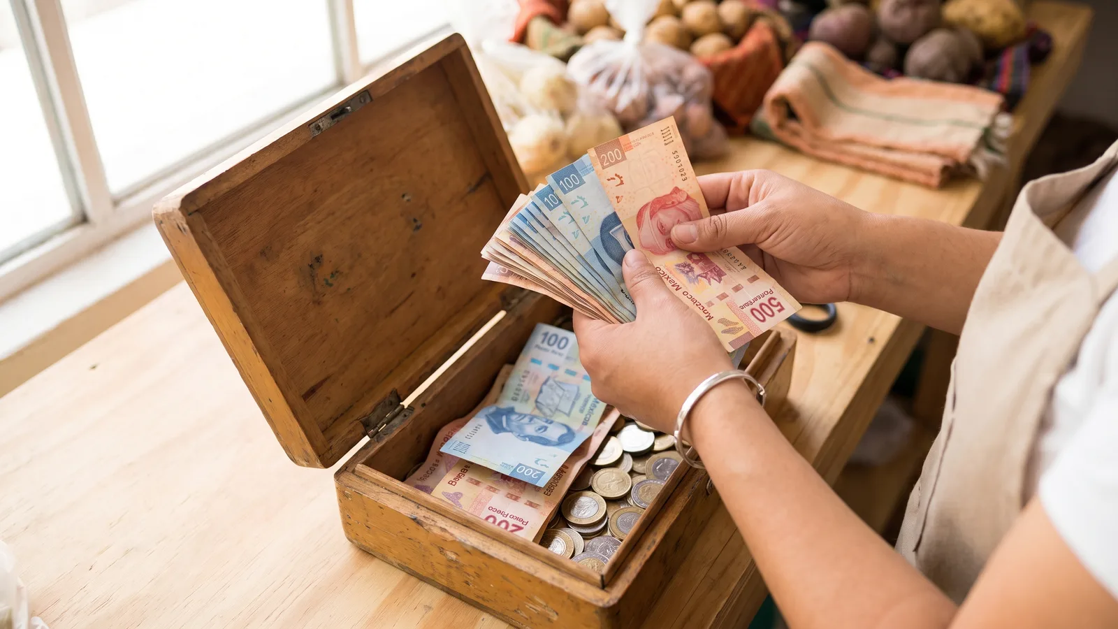 Hands counting Mexican peso banknotes above an open wooden box holding more notes and coins, market produce behind.