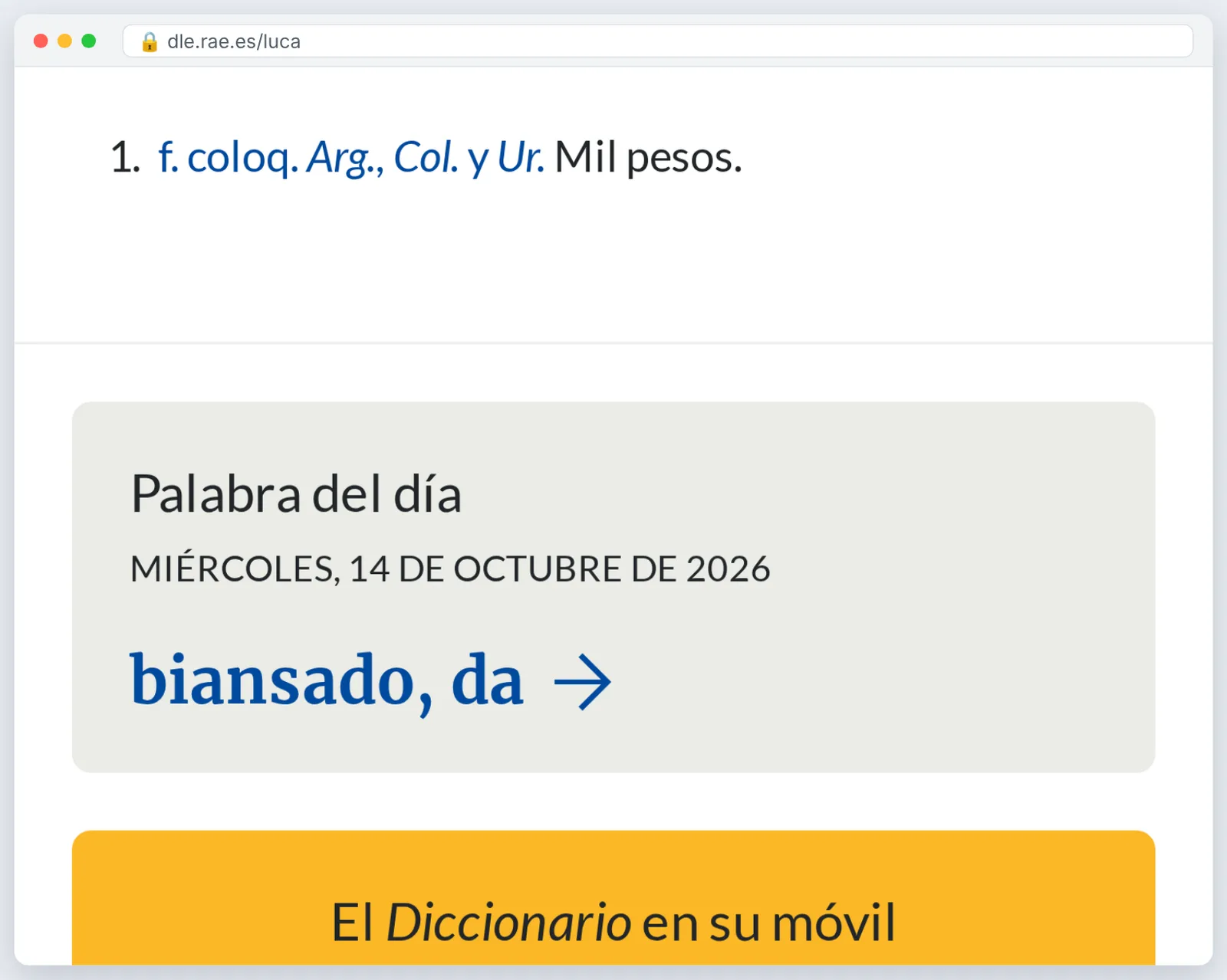 Screenshot of dle.rae.es/luca: sense 1 with Arg., Col. y Ur. labels, plus a Palabra del día box below.