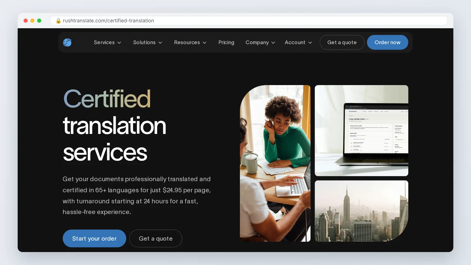 RushTranslate certified translation page, a Spanish to English translation service for vital records