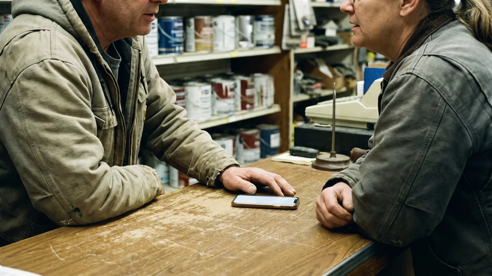 Two people talking across a shop counter with a phone between them as a Spanish to English voice translator