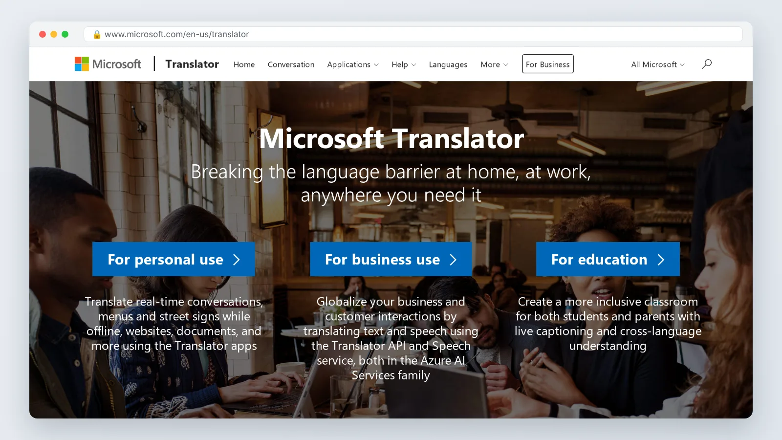 Microsoft Translator official site preview