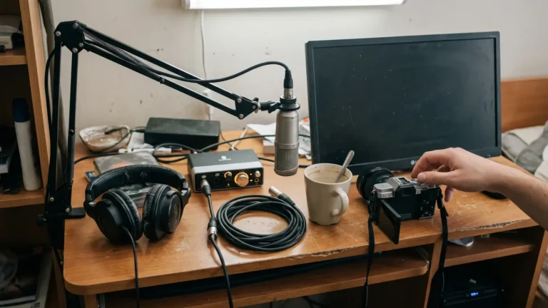 Headphones, audio interface, mic and camera on a desk used to translate Spanish video to English subtitles.