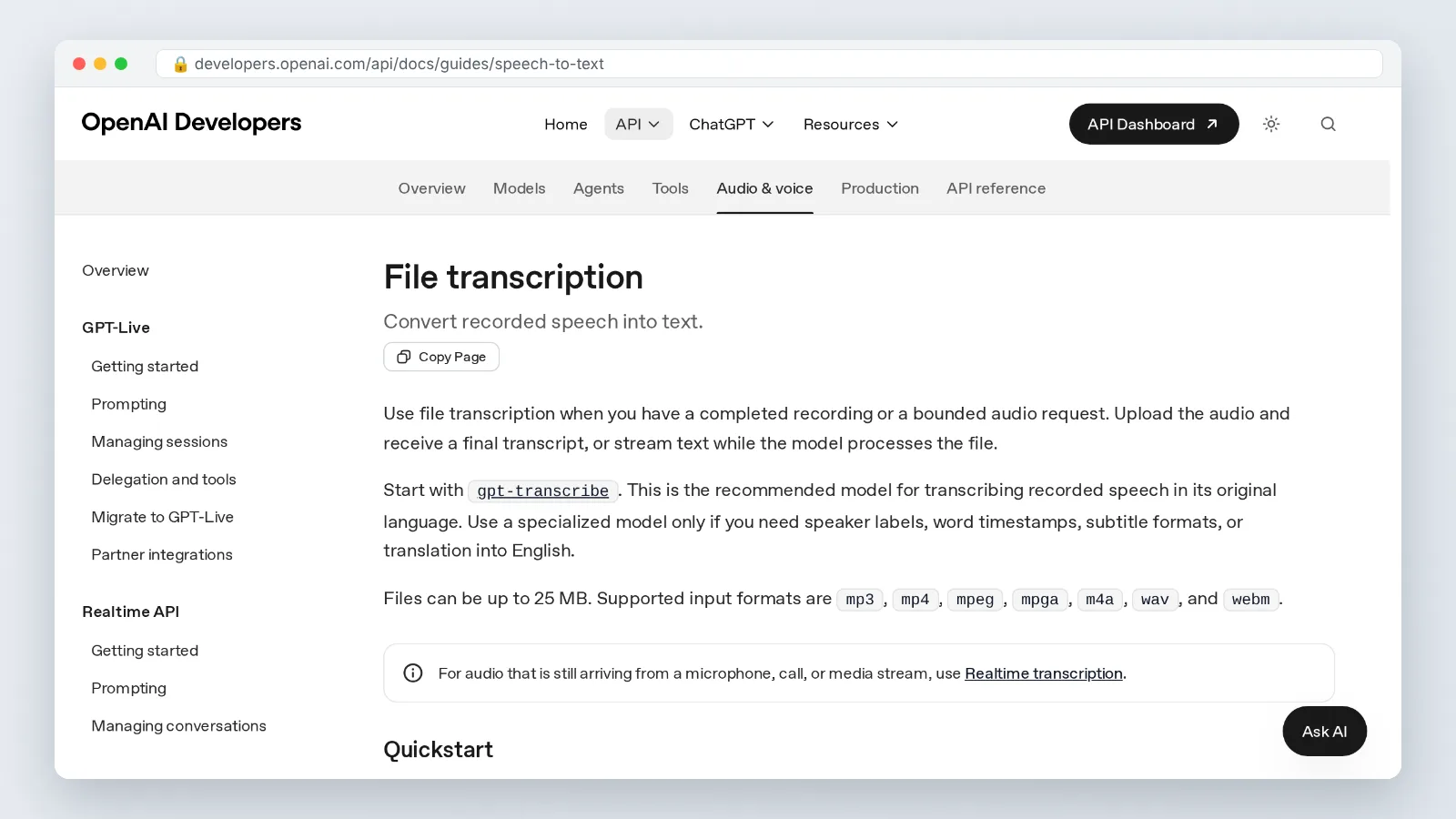 OpenAI speech-to-text documentation page showing the 25 MB file limit and supported audio formats.