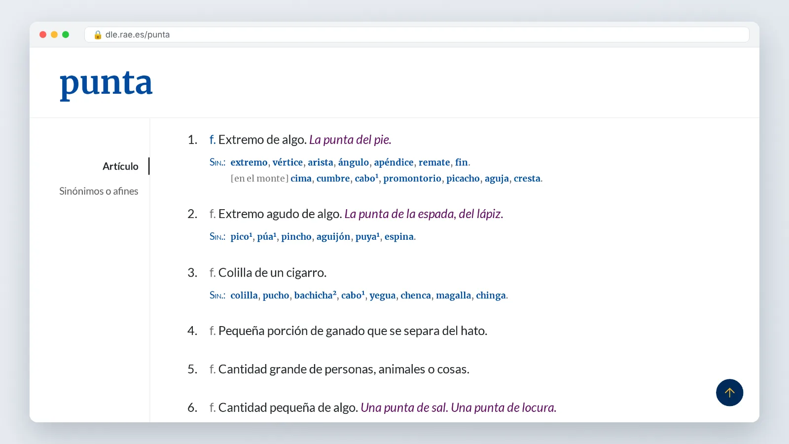 RAE dictionary web page for punta listing numbered senses starting with 'extremo de algo'